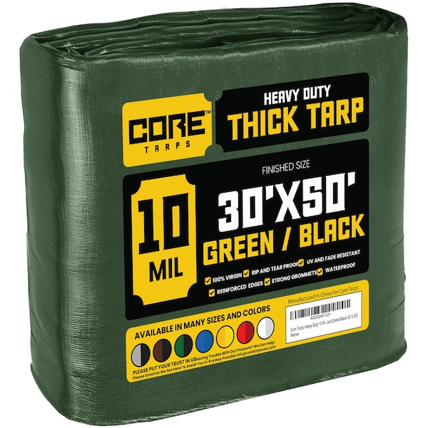 Core Tarps Heavy Duty Tarp, 50 ft L x 0.5 mm H x 30 ft W, 10 Mil, Green/Black, Polyethylene CT-603-30X50 - main